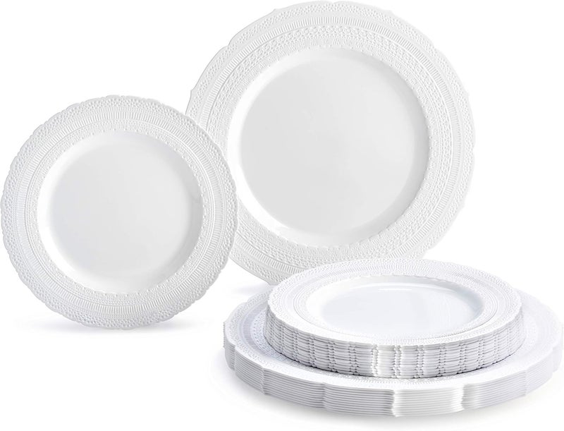 OCCASIONS FINEST PLASTIC TABLEWARE " OCCASIONS " 80 Plates Pack,(40 Guests) Extra Heavyweight Vintage Wedding Disposable/Reusable Plastic Plates 40 x 11'' Dinner + 40 x 8.25'' Salad/Dessert Plate (Chateau White) - Image 1