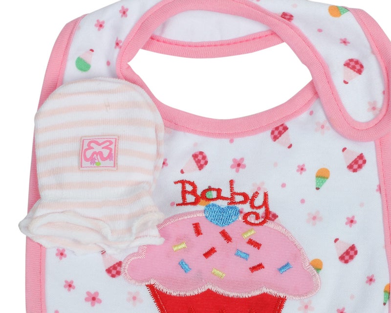 Babies Bloom Pink and Red Cakes Design 3 Pcs Baby Bib, Anti Scratch Mittens and Socks Gift Set for Baby Girl (0-6 Months) - Image 3