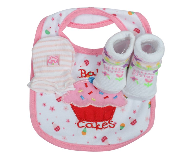 Babies Bloom Pink and Red Cakes Design 3 Pcs Baby Bib, Anti Scratch Mittens and Socks Gift Set for Baby Girl (0-6 Months) - Image 1
