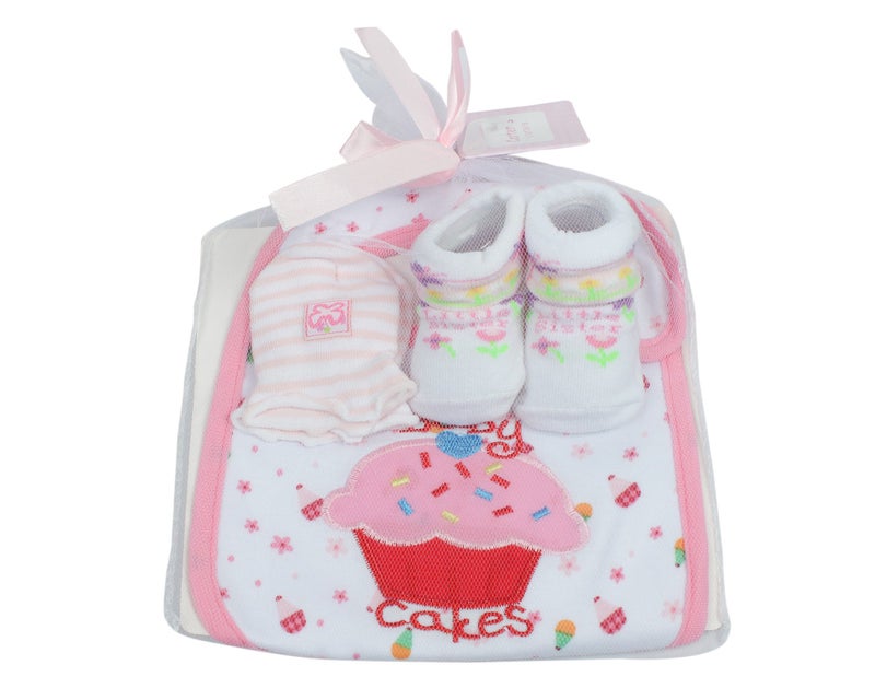 Babies Bloom Pink and Red Cakes Design 3 Pcs Baby Bib, Anti Scratch Mittens and Socks Gift Set for Baby Girl (0-6 Months) - Image 2