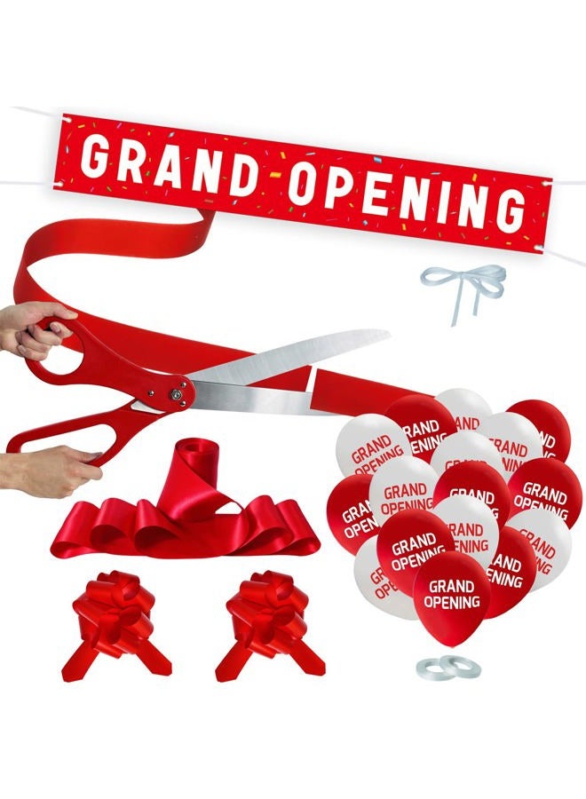 Funsky Grand Opening Red Ribbon Cutting Ceremony Kit - 25" Giant Scissors with Red Satin Ribbon, Banner, Balloons,Bows and More Supplies Grand Opening Decorations for Business - Image 1
