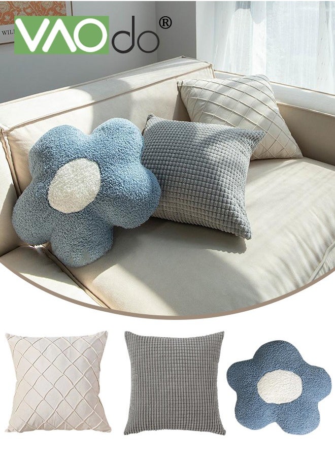 VAOdo 3PCS Sofa Pillow Cover Set Pillow Core,2 Corduroy Pillows and Flower Pillow,Soft Decorative Cushion Cover for Cushion Sofa Bedroom Living Room  - Image 1