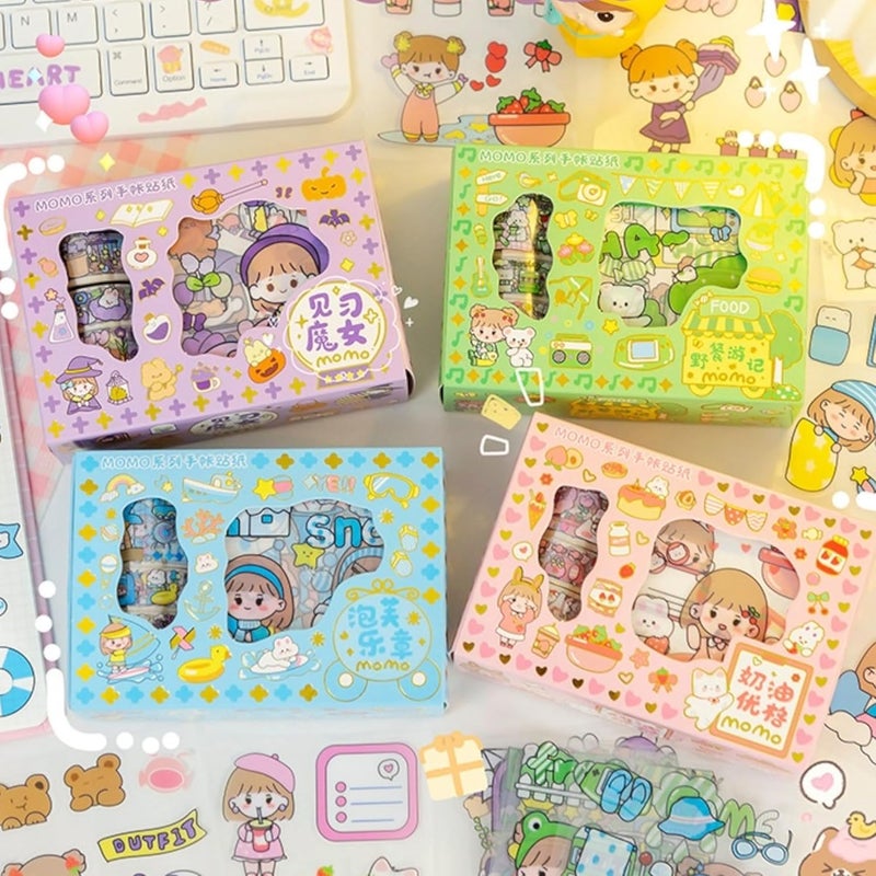 Samvardhan SAMVARDHAN Washi Tape Sticker Set – 4 Rolls Washi Tapes with 10 Stickers Sheets, Designer Decorative Masking Tapes for DIY Crafts Arts, Kawaii Journal Stickers Set Random colour sent  - Image 1