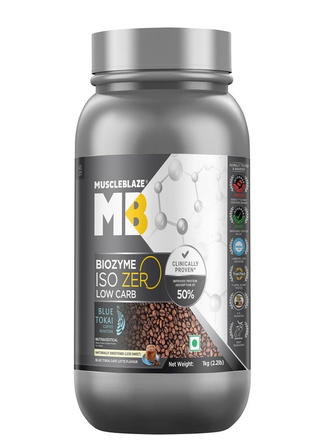 MuscleBlaze Biozyme Iso-Zero, Low Carb Whey Protein Isolate, 27g Isolate Whey Per Scoop (Blue Tokai Cafe Latte, 1kg / 2.2lbs) with USA Patent-Published Enhanced Absorption Formula (EAF) - Image 1