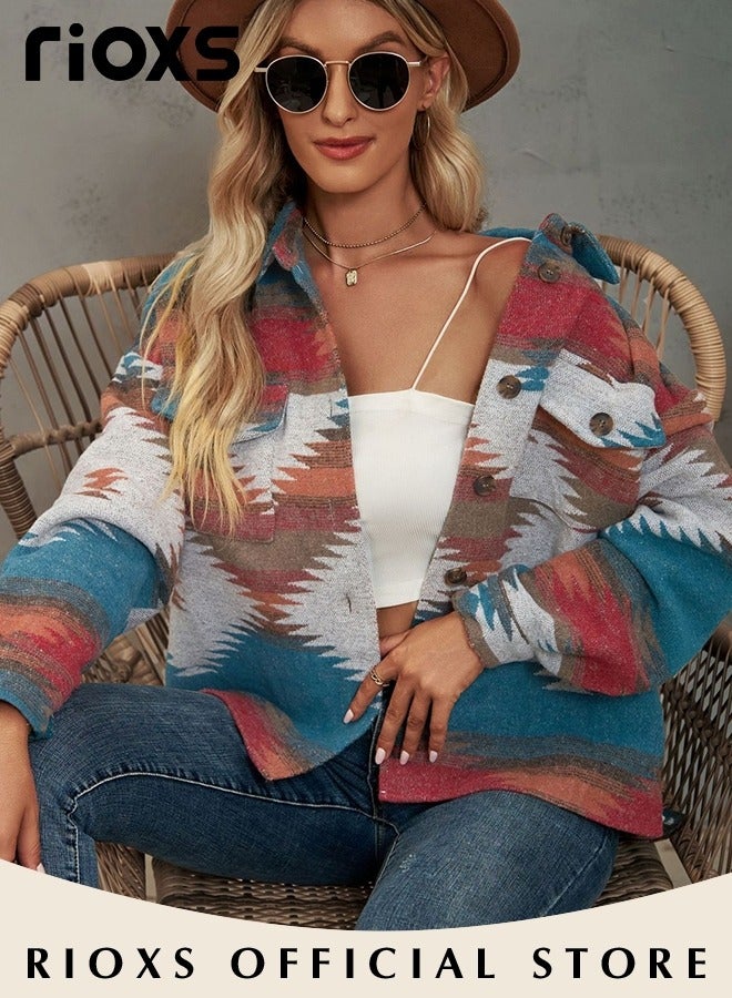 RIOXS Women's Vintage Geometric Print Pattern Jacket, Loose Button Down Long Sleeve Tweed Plaid Shirt Coat with Flap Pockets, Comfortable to Wear, Suitable for Daily Wear  - Image 3
