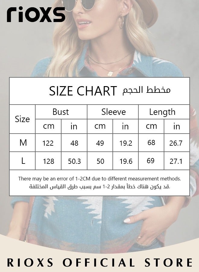 RIOXS Women's Vintage Geometric Print Pattern Jacket, Loose Button Down Long Sleeve Tweed Plaid Shirt Coat with Flap Pockets, Comfortable to Wear, Suitable for Daily Wear  - Image 4