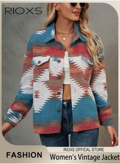 RIOXS Women's Vintage Geometric Print Pattern Jacket, Loose Button Down Long Sleeve Tweed Plaid Shirt Coat with Flap Pockets, Comfortable to Wear, Suitable for Daily Wear  - Image 1