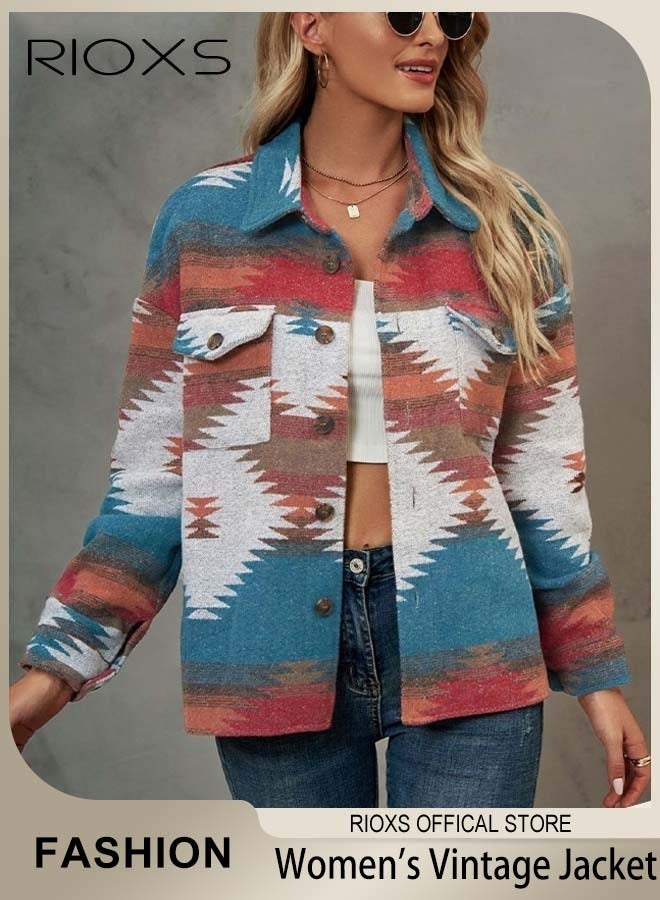 RIOXS Women's Vintage Geometric Print Pattern Jacket, Loose Button Down Long Sleeve Tweed Plaid Shirt Coat with Flap Pockets, Comfortable to Wear, Suitable for Daily Wear  - Image 1
