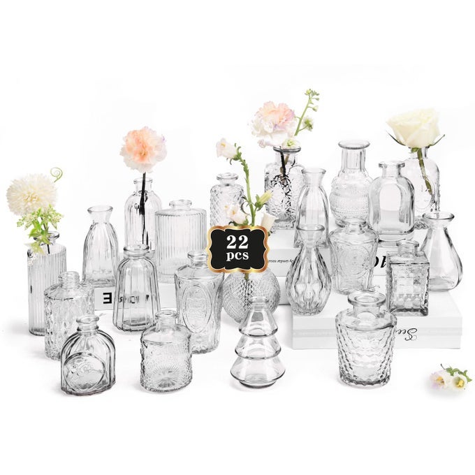SMALL CLEAR BUD VASES BULK 22 PACK MINI FLOWER GLASS VASES FOR CENTERPIECE TABLE WEDDING DECORATIONS HOME DECOR PARTYTRANSPARENT