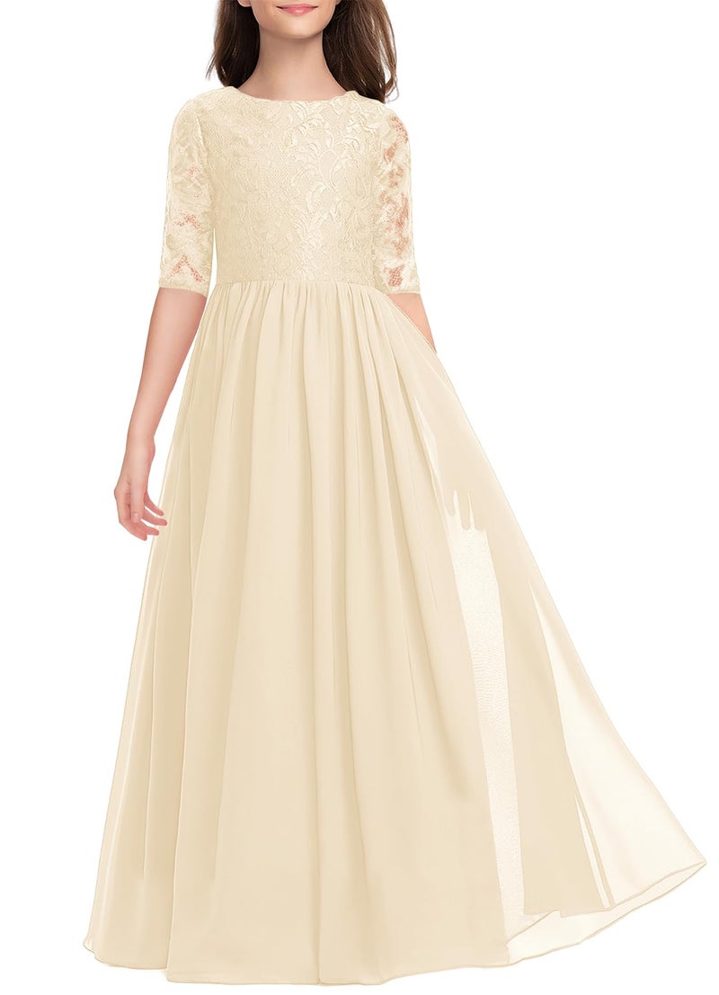 HOSIKA Girls Maxi Dress Boho Flower Lace Junior Bridesmaid Dresses for Wedding Party Apricot 12-13 Years - Image 1