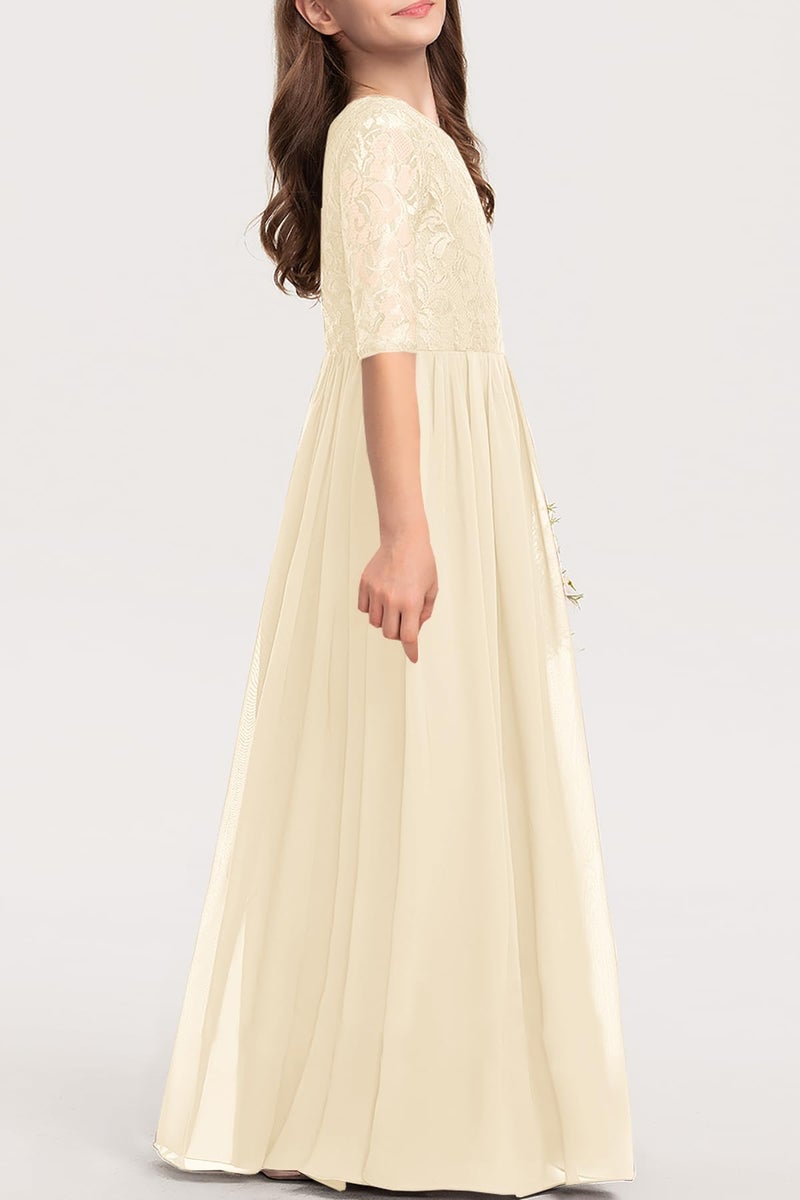 HOSIKA Girls Maxi Dress Boho Flower Lace Junior Bridesmaid Dresses for Wedding Party Apricot 12-13 Years - Image 3
