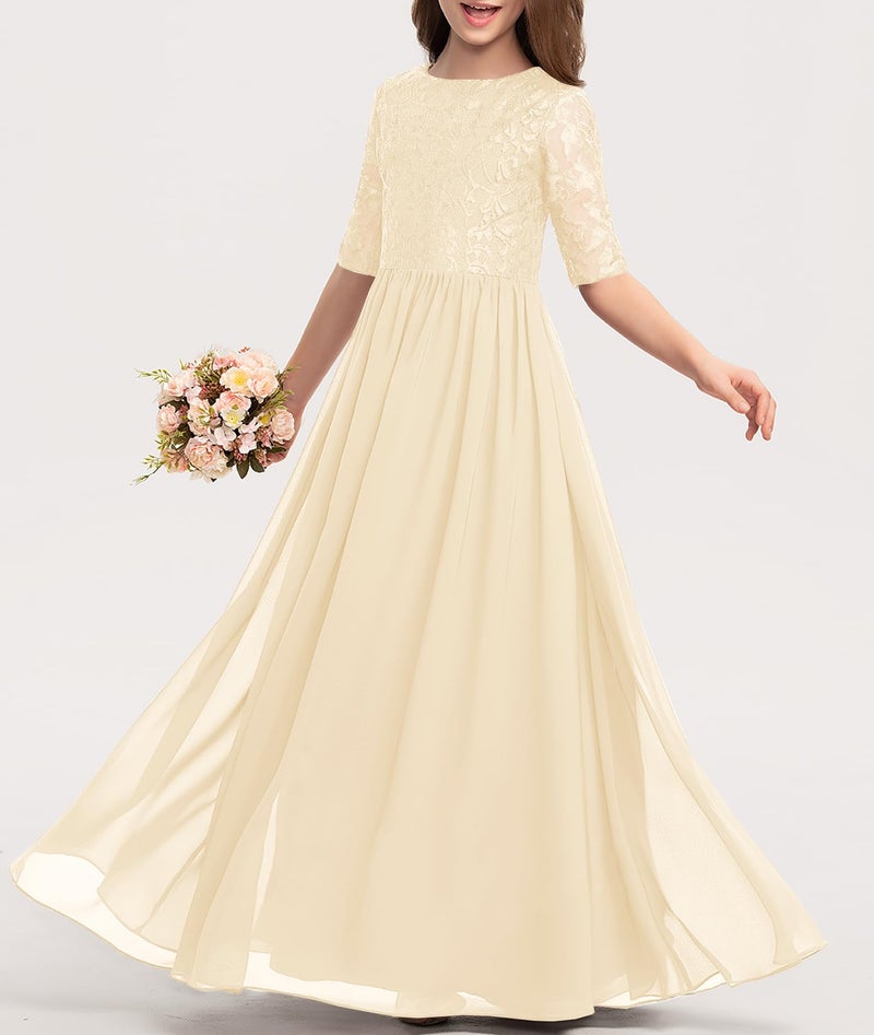 HOSIKA Girls Maxi Dress Boho Flower Lace Junior Bridesmaid Dresses for Wedding Party Apricot 12-13 Years - Image 2