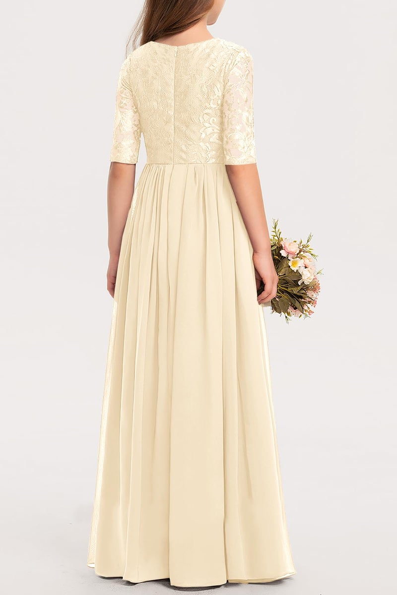 HOSIKA Girls Maxi Dress Boho Flower Lace Junior Bridesmaid Dresses for Wedding Party Apricot 12-13 Years - Image 4