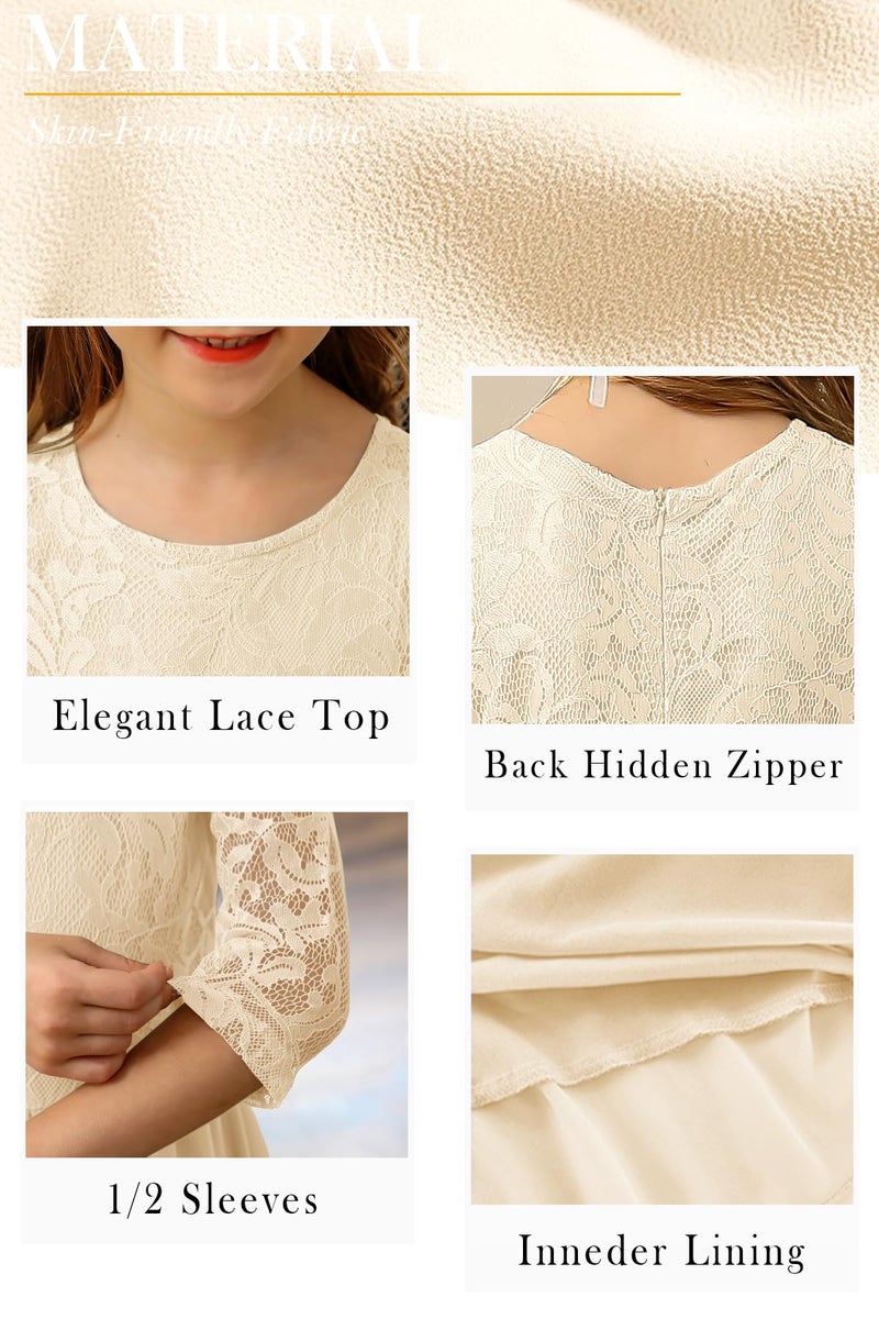 HOSIKA Girls Maxi Dress Boho Flower Lace Junior Bridesmaid Dresses for Wedding Party Apricot 12-13 Years - Image 5