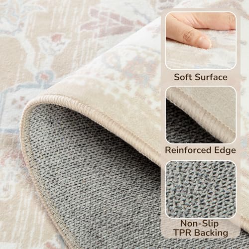 BESTSWEETIE 5x7 Area Rugs for Living Room Washable Non Slip Carpet Low Pile Soft Vintage Print Pattern Rug for Bedroom Dining Room Kitchen Entryway Indoor-Cream/Light Yellow/Brown/Blue/Red/Pink - Image 4