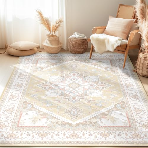 BESTSWEETIE 5x7 Area Rugs for Living Room Washable Non Slip Carpet Low Pile Soft Vintage Print Pattern Rug for Bedroom Dining Room Kitchen Entryway Indoor-Cream/Light Yellow/Brown/Blue/Red/Pink - Image 1