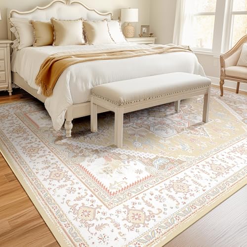 BESTSWEETIE 5x7 Area Rugs for Living Room Washable Non Slip Carpet Low Pile Soft Vintage Print Pattern Rug for Bedroom Dining Room Kitchen Entryway Indoor-Cream/Light Yellow/Brown/Blue/Red/Pink - Image 3