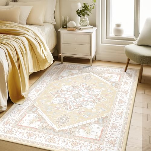 BESTSWEETIE 5x7 Area Rugs for Living Room Washable Non Slip Carpet Low Pile Soft Vintage Print Pattern Rug for Bedroom Dining Room Kitchen Entryway Indoor-Cream/Light Yellow/Brown/Blue/Red/Pink - Image 2