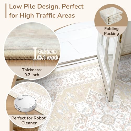 BESTSWEETIE 5x7 Area Rugs for Living Room Washable Non Slip Carpet Low Pile Soft Vintage Print Pattern Rug for Bedroom Dining Room Kitchen Entryway Indoor-Cream/Light Yellow/Brown/Blue/Red/Pink - Image 5