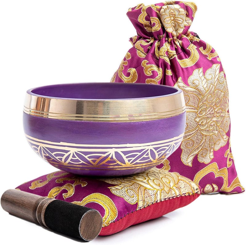 HIMALAYAN BAZAAR Tibetan Singing Bowl Set - Easy To Play for Beginners - Authentic Handcrafted Mindfulness Meditation Holistic Sound 7 Chakra Healing Gift by Himalayan Bazaar (Purple-Magenta) - Image 1