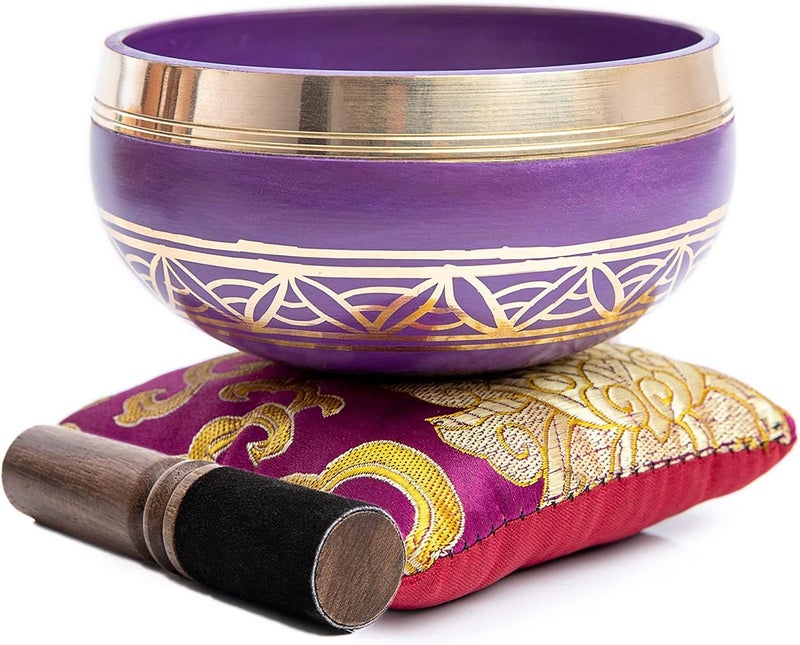 HIMALAYAN BAZAAR Tibetan Singing Bowl Set - Easy To Play for Beginners - Authentic Handcrafted Mindfulness Meditation Holistic Sound 7 Chakra Healing Gift by Himalayan Bazaar (Purple-Magenta) - Image 3