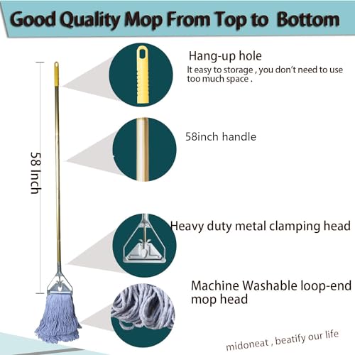 Midoneat Heavy Duty Commercial Industrial Mop ,58" Looped-End String Wet Cotton Mops for Floor Cleaning, Including Three mop Head Replacement - Image 2