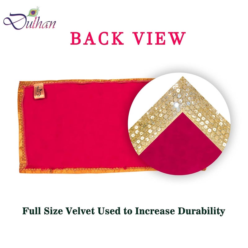 Dulhan DLC CD Lace Sequin Work Pink Velvet Pooja Cloth Asan for God Idol 10 x 20 inch Altar Cloth for Puja mandir Pack of 2 Small chowki Aasan kapda for bhagwan Home Temple Diwali Decoration Cloth mat - Image 3