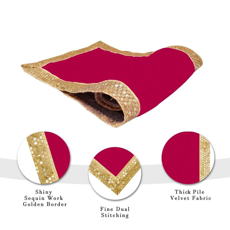 Dulhan DLC CD Lace Sequin Work Pink Velvet Pooja Cloth Asan for God Idol 10 x 20 inch Altar Cloth for Puja mandir Pack of 2 Small chowki Aasan kapda for bhagwan Home Temple Diwali Decoration Cloth mat - Image 4