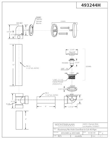 Westbrass 493244H07 12 4 Bath Waste Overflow Assembly with TipToe Drain Plug and Illusionary FaceplateSCH 40 PVC Pipe 1Pack Satin Nickel - Image 3