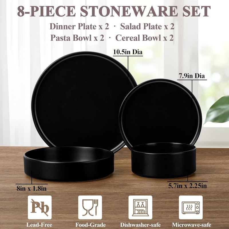 Herogo Dinnerware Sets with Pasta Bowls for 2 8 Piece Dinner Salad Plates and Cereal Bowls Stoneware Serving Dishes Dinner Ware for Home Kitchen Dishwasher  Microwave Safe Dishware Matte Black - Image 2