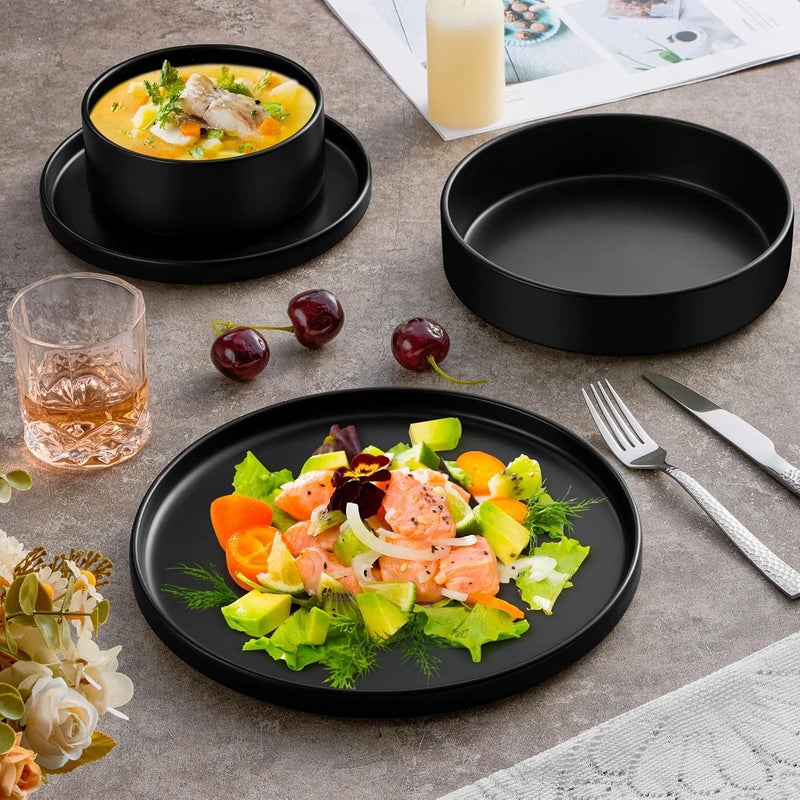 Herogo Dinnerware Sets with Pasta Bowls for 2 8 Piece Dinner Salad Plates and Cereal Bowls Stoneware Serving Dishes Dinner Ware for Home Kitchen Dishwasher  Microwave Safe Dishware Matte Black - Image 3
