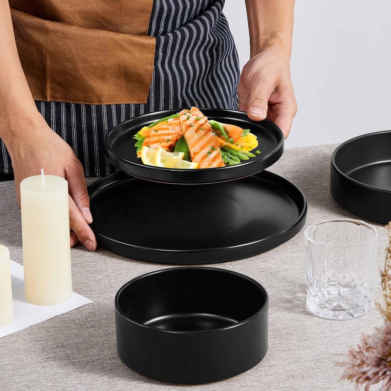 Herogo Dinnerware Sets with Pasta Bowls for 2 8 Piece Dinner Salad Plates and Cereal Bowls Stoneware Serving Dishes Dinner Ware for Home Kitchen Dishwasher  Microwave Safe Dishware Matte Black - Image 4