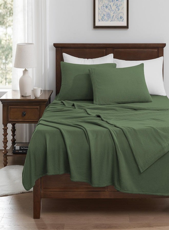 Petrichor Flannel Fleece Queen Size Sheet Set Green - Ultra Soft Anti-Static Plush Bedding, 4 Piece (1 Fitted Sheet, 1 Flat Sheet, 2 Pillowcases) - Image 3