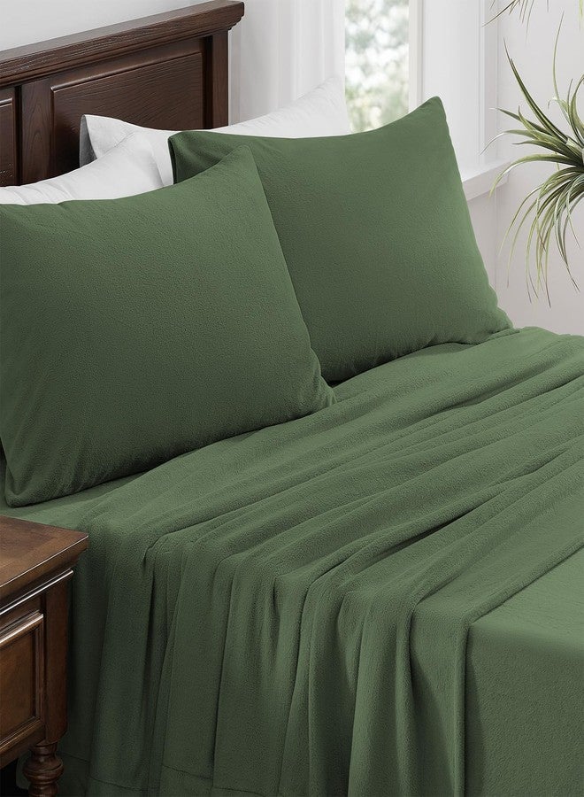 Petrichor Flannel Fleece Queen Size Sheet Set Green - Ultra Soft Anti-Static Plush Bedding, 4 Piece (1 Fitted Sheet, 1 Flat Sheet, 2 Pillowcases) - Image 4