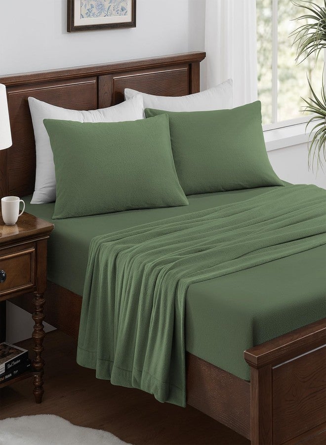 Petrichor Flannel Fleece Queen Size Sheet Set Green - Ultra Soft Anti-Static Plush Bedding, 4 Piece (1 Fitted Sheet, 1 Flat Sheet, 2 Pillowcases) - Image 2