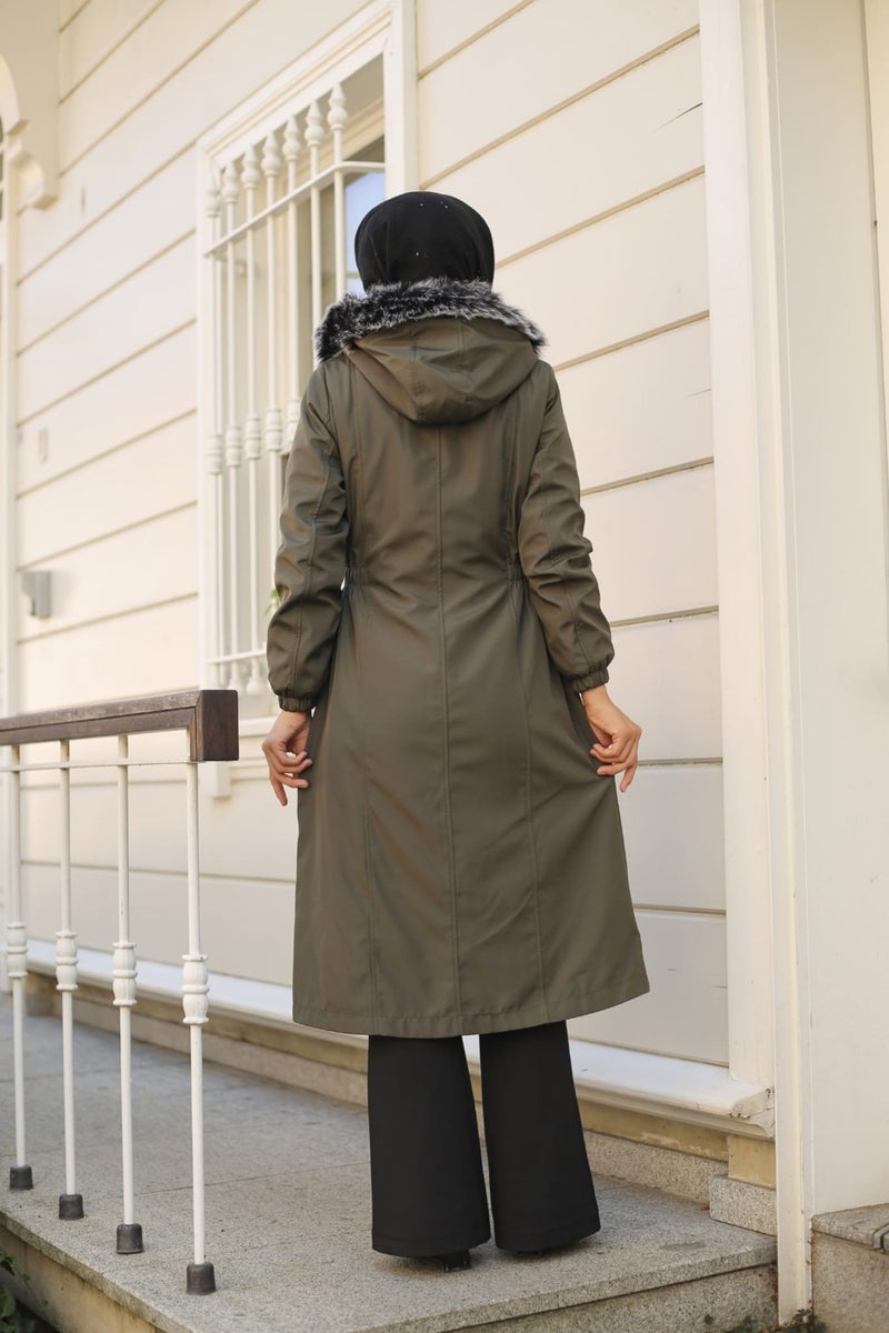 Vibeys Collection Khaki Fur Lined and Waterproof Women's Winter Coat & Jacket  - Image 3