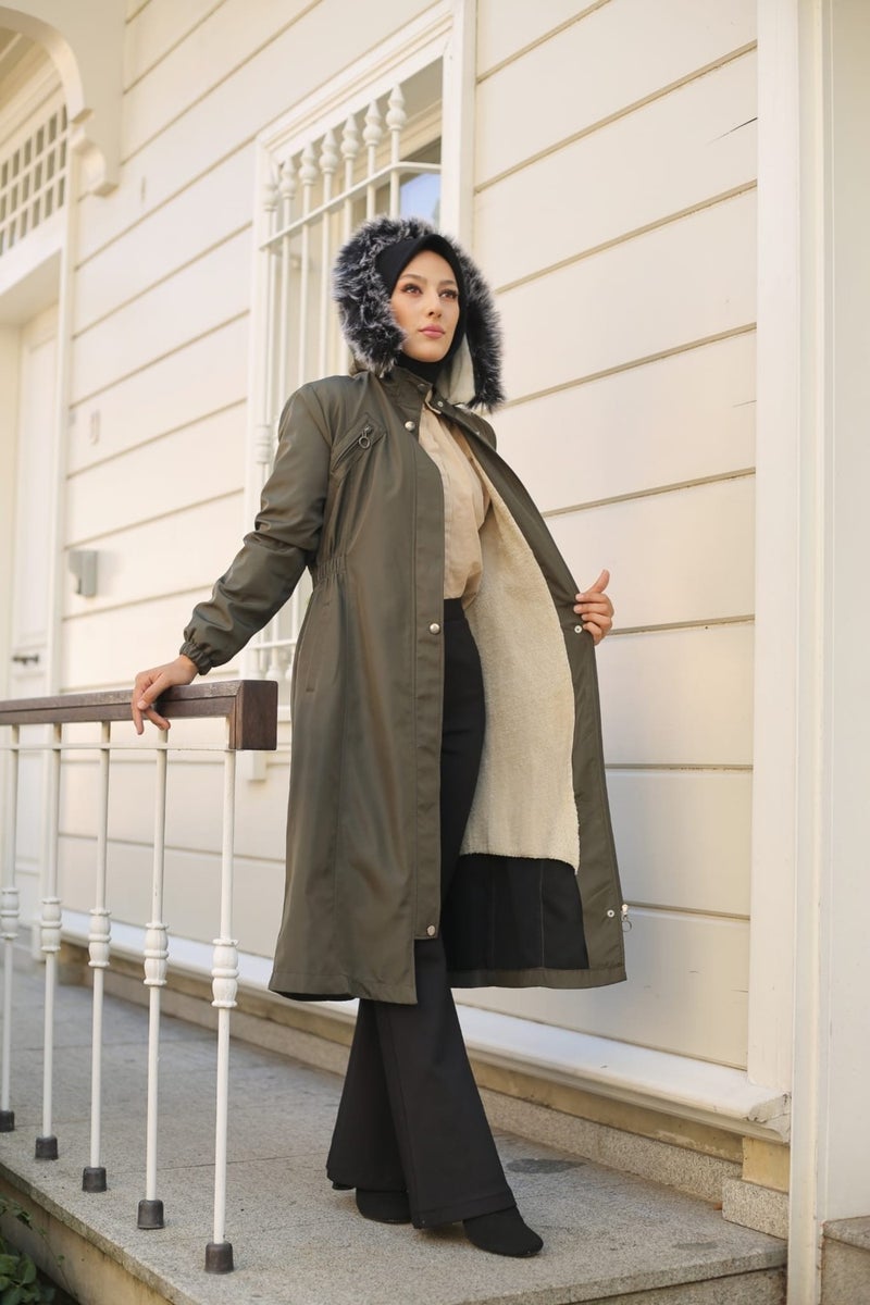 Vibeys Collection Khaki Fur Lined and Waterproof Women's Winter Coat & Jacket  - Image 5