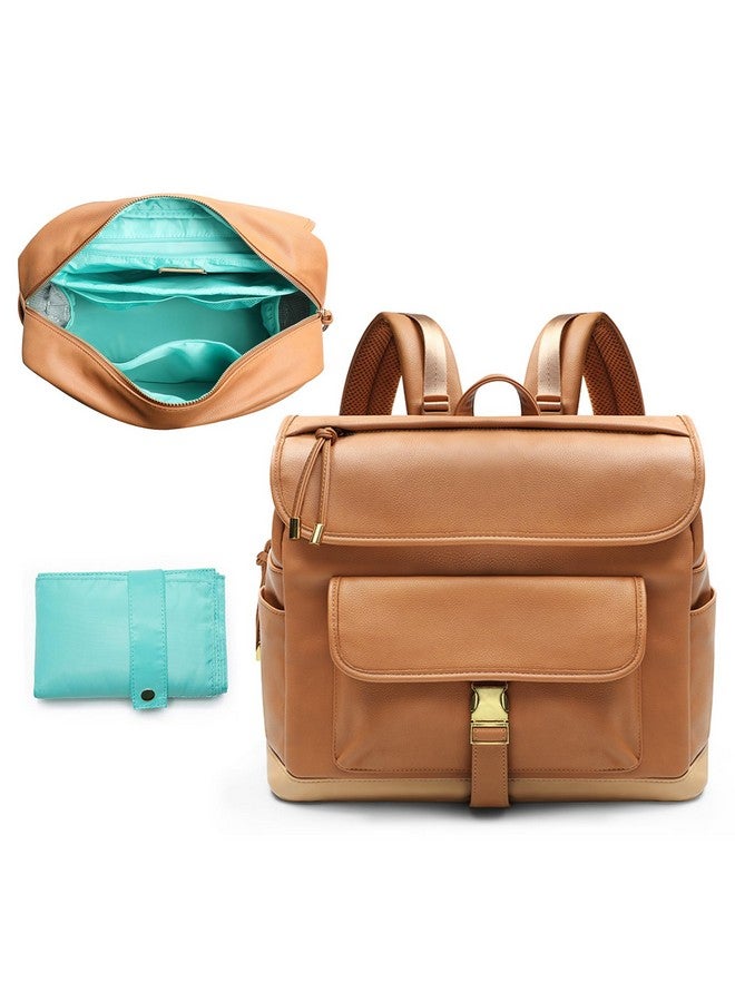 MOMINSIDE حقيبة ظهر حفاضات MOMINSIDE، 12 جيب حقيبة حفاضات جلدية صغيرة، حقيبة أطفال، بحث عن سجل الأطفال، 4 جيوب معزولة، وسادة تغيير، أحزمة عربة (بني) - Image 1