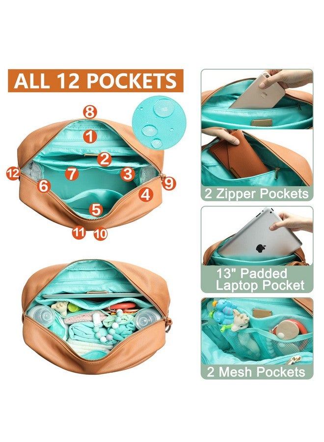 MOMINSIDE حقيبة ظهر حفاضات MOMINSIDE، 12 جيب حقيبة حفاضات جلدية صغيرة، حقيبة أطفال، بحث عن سجل الأطفال، 4 جيوب معزولة، وسادة تغيير، أحزمة عربة (بني) - Image 3