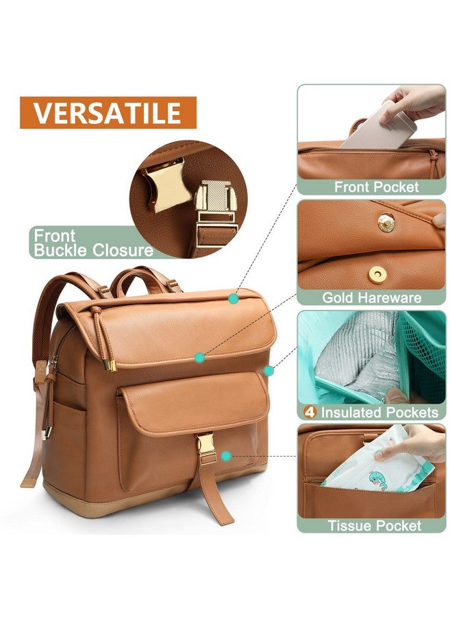 MOMINSIDE حقيبة ظهر حفاضات MOMINSIDE، 12 جيب حقيبة حفاضات جلدية صغيرة، حقيبة أطفال، بحث عن سجل الأطفال، 4 جيوب معزولة، وسادة تغيير، أحزمة عربة (بني) - Image 4