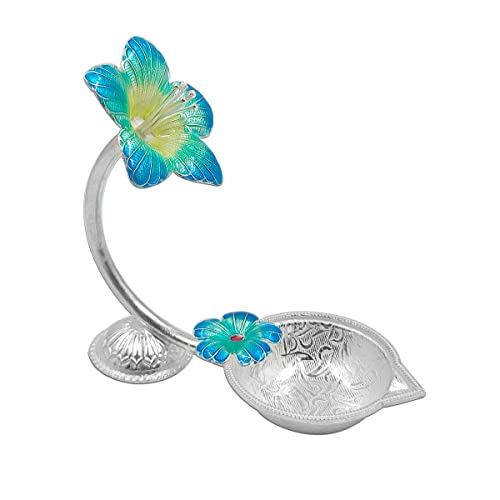 MAA SILVER Pure Silver Diya with Blue Colour Enamel & Hibiscus Flower Shape Design BIS Hallmarked Perfect for Gift and Pooja Use (92.5 Purity)(15 Grams Silver) - Image 1