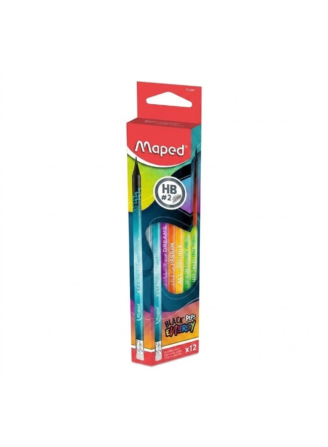 Maped Energy HB #2 Pencils with Erasers – 12-Pack Fun, Colorful Motivational Pencils for Kids, Students & Writing - Image 2