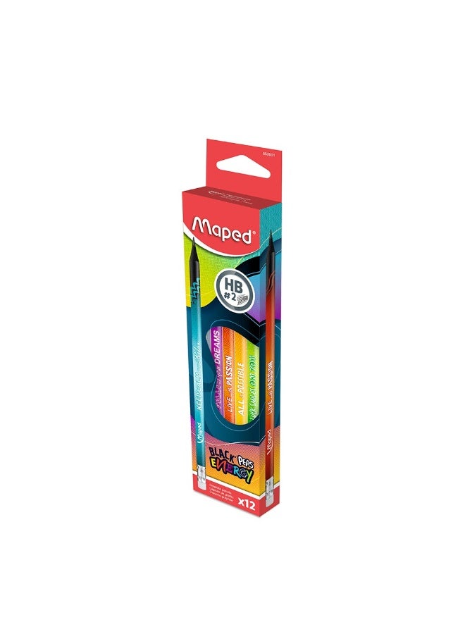 Maped Energy HB #2 Pencils with Erasers – 12-Pack Fun, Colorful Motivational Pencils for Kids, Students & Writing - Image 1