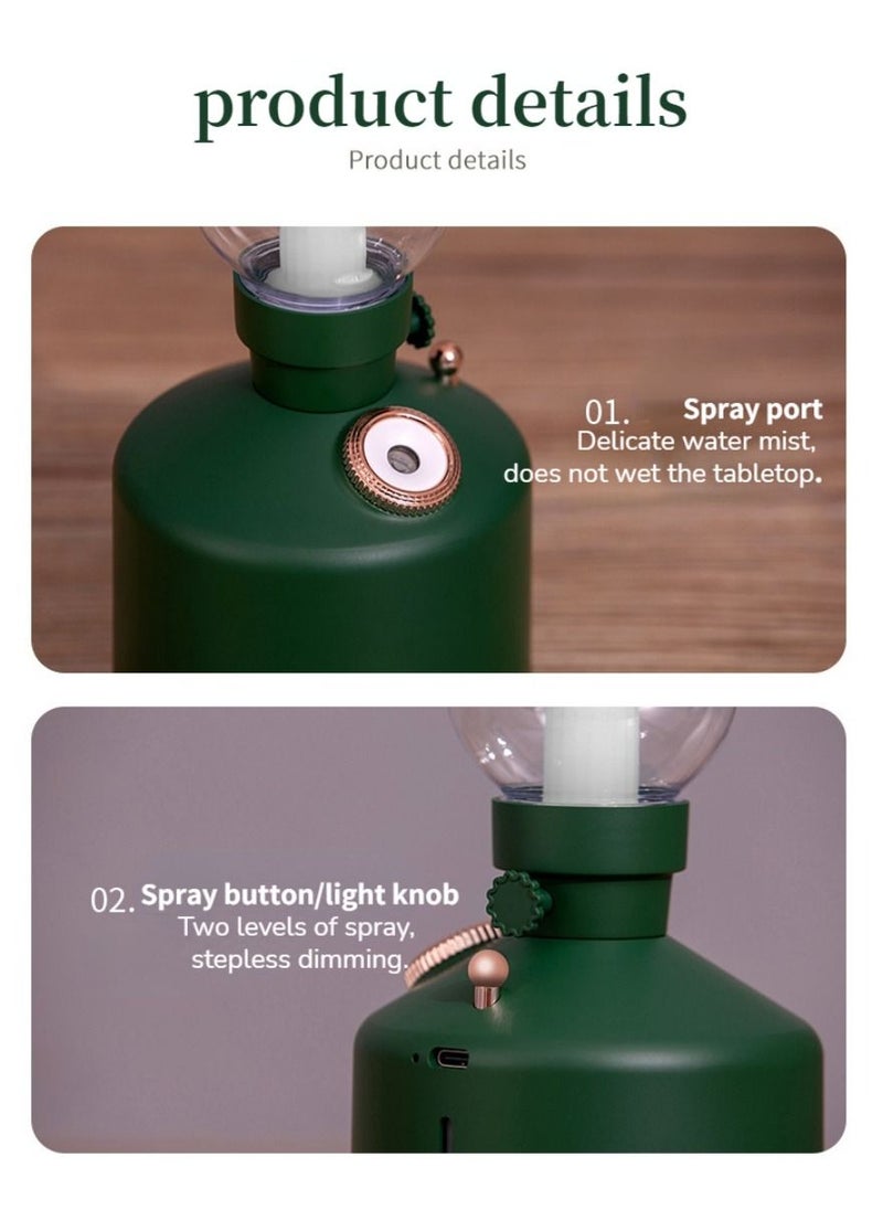 Retro Air Humidifier Vintage Lamp Night Light Nano Mist Sprayer Aromatherapy Diffuser USB Rechargeable Portable Air Humidifier 1200mAh Wireless Aromatherapy Diffuser Auto Shut Off Type C 280ML Green