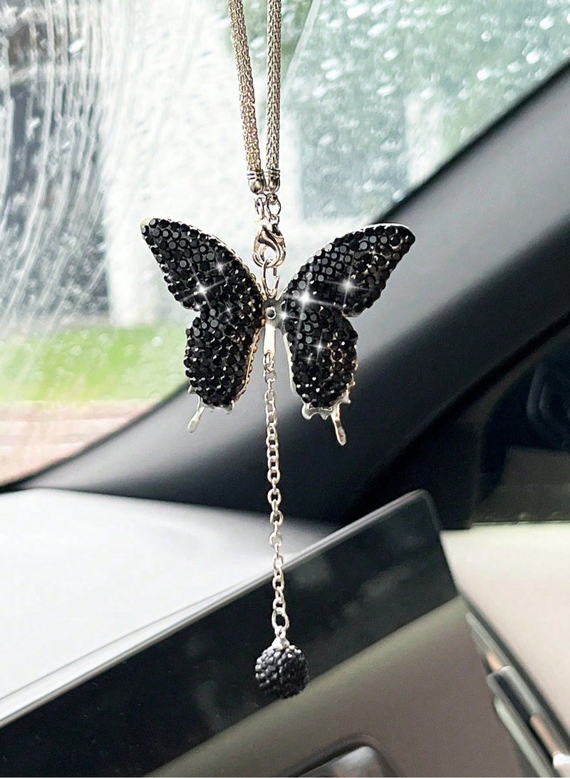 Car Decoration Shiny Black Butterfly Design – Elegant Feminine Car Accessory – Rearview Mirror Hanging Ornament