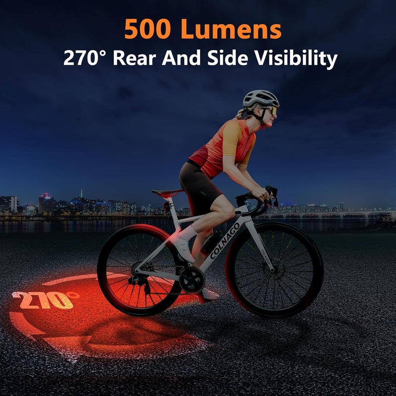RAVEMEN TR500 500 لومن ضوء خلفي للدراجة للاستخدام النهاري والليلي، ضوء خلفي مع استشعار الفرامل ورؤية جانبية، 6 أوضاع إضاءة، قابل للشحن عبر USB-C، مناسب للأعمدة الدائرية والهوائية - Image 3