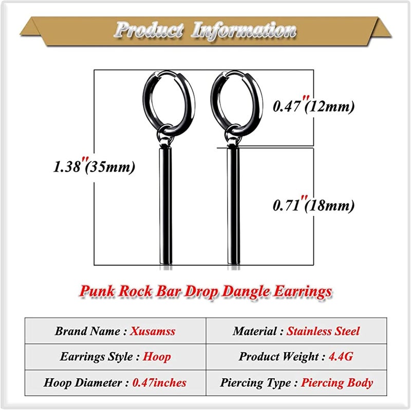 Xusamss Punk Jewelry Stainless Steel Huggie Hinged Earrings Bar Dangle Drop Earrings - Image 2