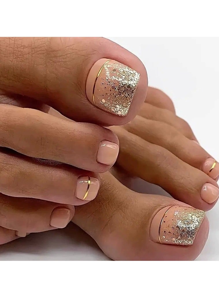 Goolsky Premium Short Square Toenail Press-ons with Nude & Gold Glitter Lines for Gentle Luxury - Image 1