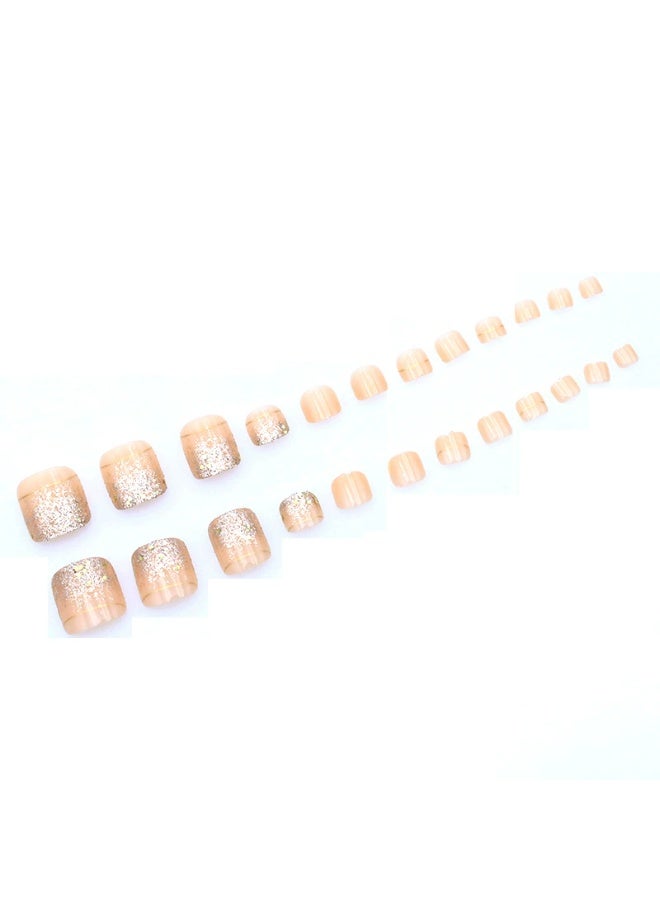 Goolsky Premium Short Square Toenail Press-ons with Nude & Gold Glitter Lines for Gentle Luxury - Image 2