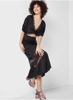 Mesh Insert Ruffle Detail High Waist Skirt